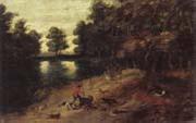 A wooded landscape with a boar hunt